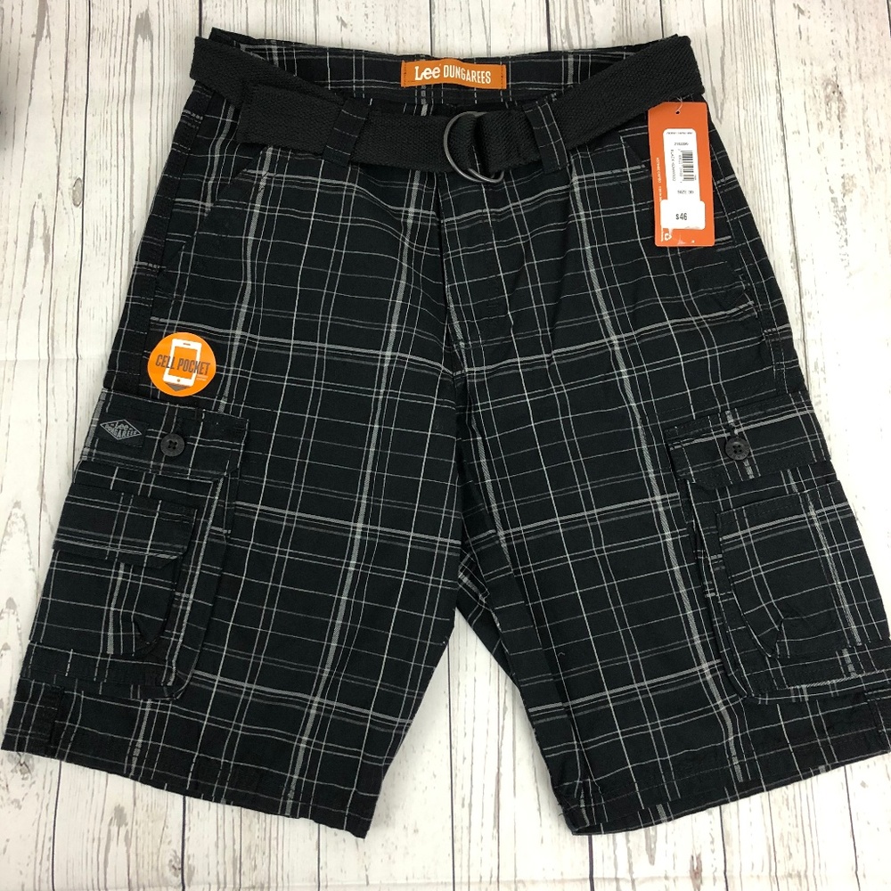 NEW LEE Mens Black Plaid Cargo Shorts Sz 30